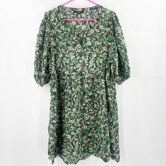 Ellos Dress Size 18 Green Black Floral Print Notch Neck Empire Puff Sleeve Plus - Picture 2 of 15